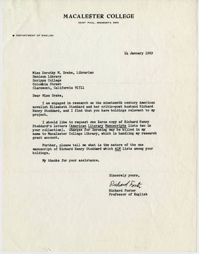 Richard Foster letter to Dorothy Drake, 1969 January 14