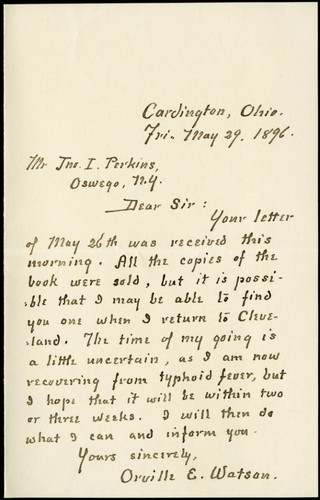 Orville E. Watson letter to John I. Perkins, 1896 May 29