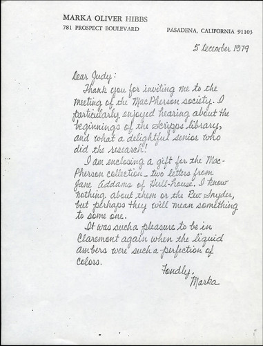 Photocopy of Marka Oliver Hibbs letter to Judy Harvey-Sahak dated 1979 December 5