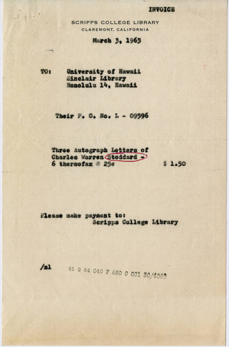 Invoice for Charles Warren Stoddard letters