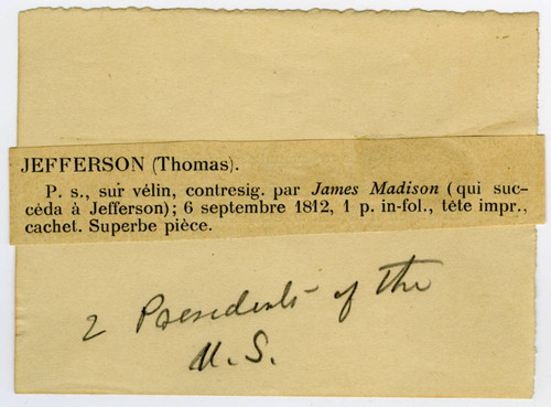 Seller's note on Jefferson letter dated 1812 September 6