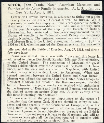 Seller's description of John Jacob Astor's letter to Daschkoff