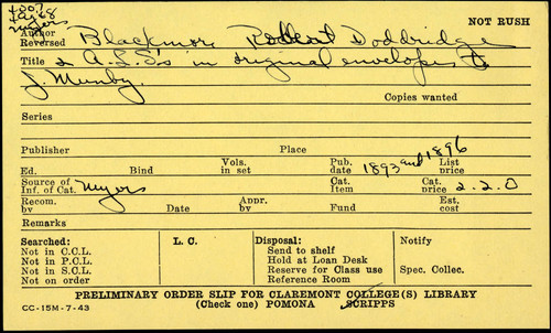 Preliminary order slip for Claremont College(s) Library