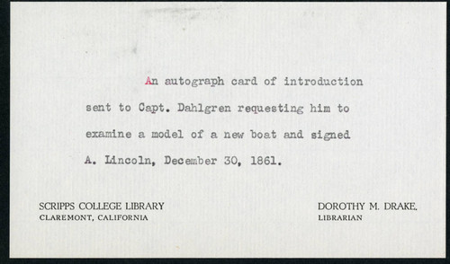 Dorothy Drake note on Lincoln autograph card