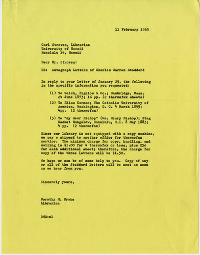 Dorothy Drake letter to Carl Stroven, 1965 February 11