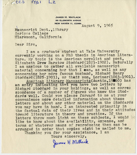 James Matlack letter, 1965 August 9