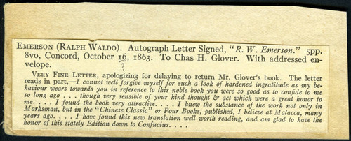 Seller's description of Emerson's letter to Glover dated 1863 October 16