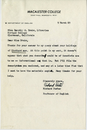 Richard Foster letter to Dorothy Drake, 1969 March 9