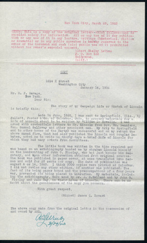 Transcription of James Q. Howard letter to Savage dated 1902 January 14