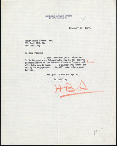 Herbert Bayard Swope letter to Henry Forman, 1930 February 26