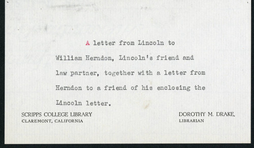 Dorothy Drake note on William Herndon letter