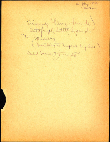 File folder half with Perkins' notes on Beranger's letter to Monsieur