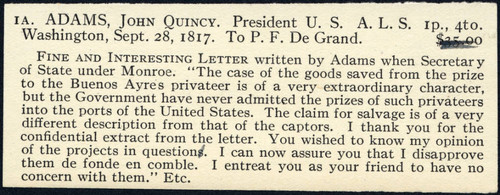 Seller's description of Adams' letter to DeGrand dated 1817 September 28