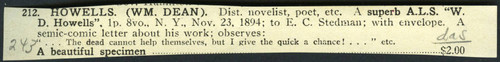 Seller's description of Howells' letter to Stedman dated 1894 November 23
