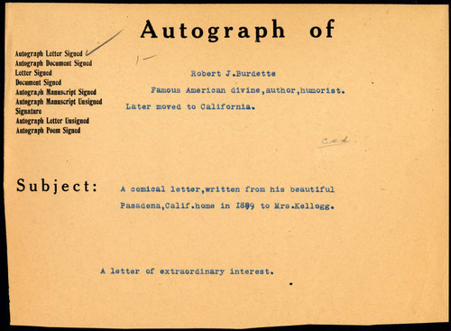 Seller's description of Burdette's letter to Kellogg dated 1899 December 16