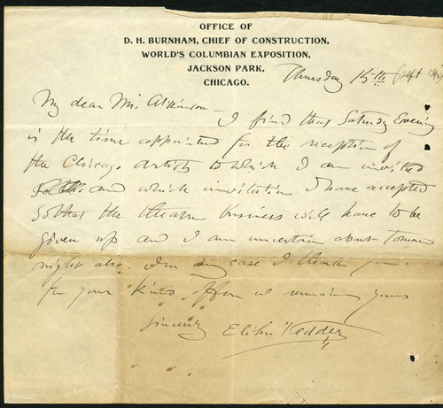 Elihu Vedder letter, 1892 September 15