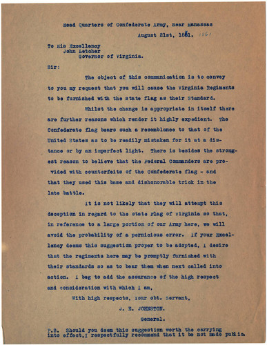 Reproduction of Joseph E. Johnston letter dated 1861 August 21