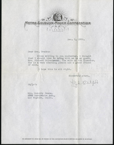 Hugh Walpole letter to Dorothy Drake, 1935 December 5