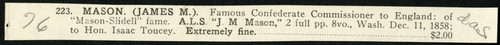 Seller's description of Mason's letter to Toucey dated 1858 December 11