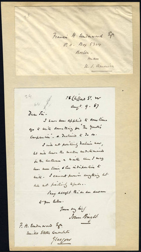 John Bright letter and envelope to Francis Underwood, 1887 August 9