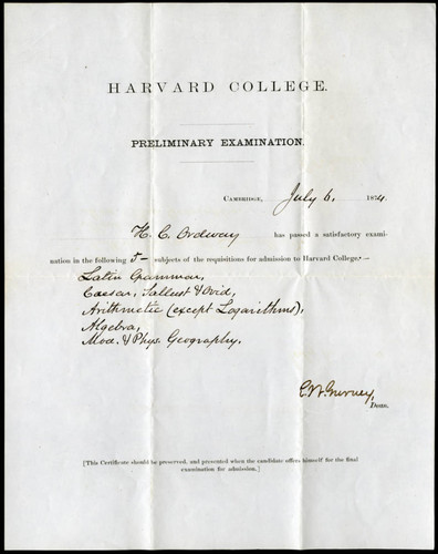 Harvard College Preliminary Examination certificate for John Ordway, 1874 July 6