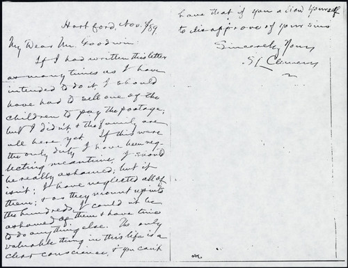 Photocopy of Clemens' letter to Mr. Goodwin dated 1889 November 8