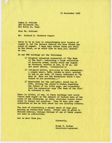 Dorothy Drake letter to Matlack, 1969 September 13