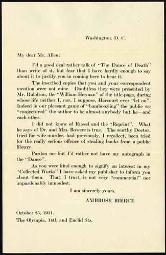 Transcript of Bierce's letter to Allen dated 1911 October 25