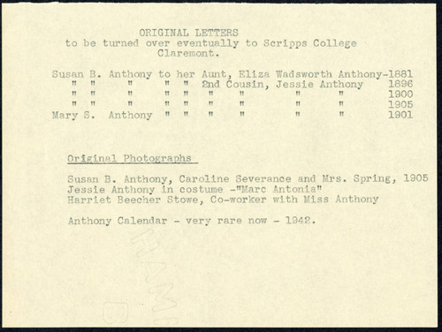 List of letters and Collections for Scripps College concerning Susan B. Anthony