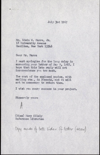 Copy of Mary Allely letter to Edwin W Marris, 1967 July 3