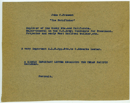 Notecard describing Frémont letter and portrait