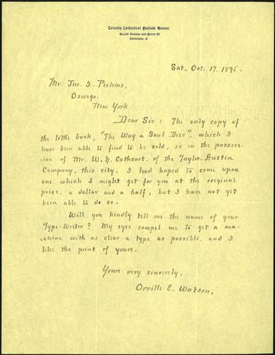 Orville E. Watson letter to John I. Perkins, 1896 October 17