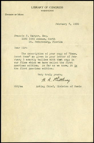 W.R. Whittlesey letter to Francis P. Harper, 1930 February 7