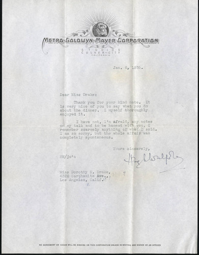 Hugh Walpole letter to Dorothy Drake, 1936 January 6