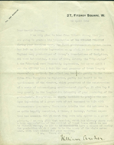 William Archer letter to Sir John Martin-Harvey, 1915 April 13