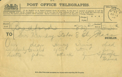 Bram Stoker telegram to Thornley Stoker, 1905 October 14