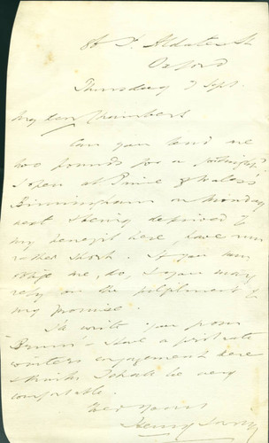 Henry Irving letter to Thomas Chambers