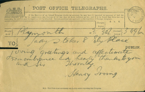 Henry Irving telegram to Lady Stoker, 1905 February 5