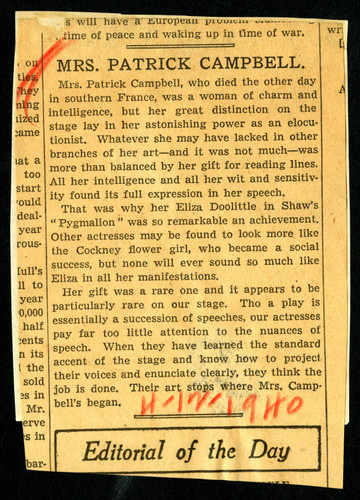 Obituary of Mrs. Patrick Campbell, 1940 April 12