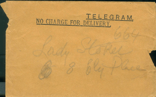 Envelope for telegram to Lady Stoker