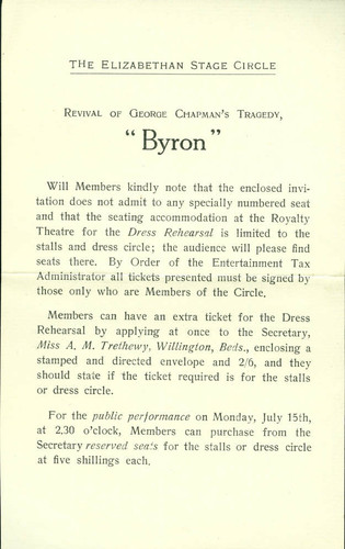 Elizabethan Stage Circle leaflet to R.N. Green-Armytage, 1929 July