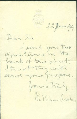 William Archer letter, 1919 December 22