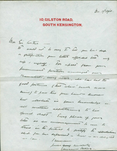 Laurence Irving letter to Arthur Wing Pinero, 1910 December 19