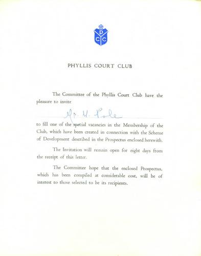 Phyllis Court Club invitation to William Poel