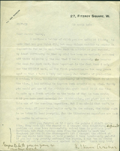 William Archer letter to Sir John Martin-Harvey, 1915 April 13