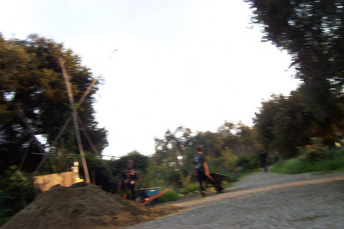 Student pushes wheelbarrow