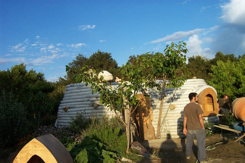 Students at Earth Dome construction