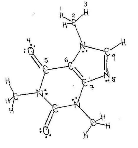 Chemistry 1b, spring, 1997, solutions to the second midterm examination, molecular structure of caffeine