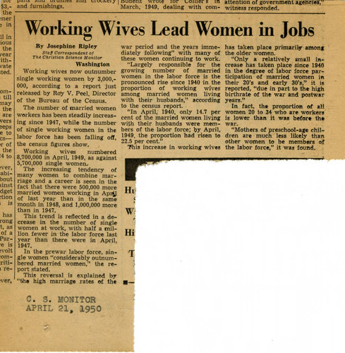 Working wives lead women in jobs