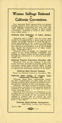 Woman suffrage endorsed by California conventions